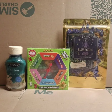 APPROXIMATELY 5 ASSORTED FOOD AND DRINK ITEMS TO INCLUDE BLUE LOTUS, JELLY BEANS, ETC