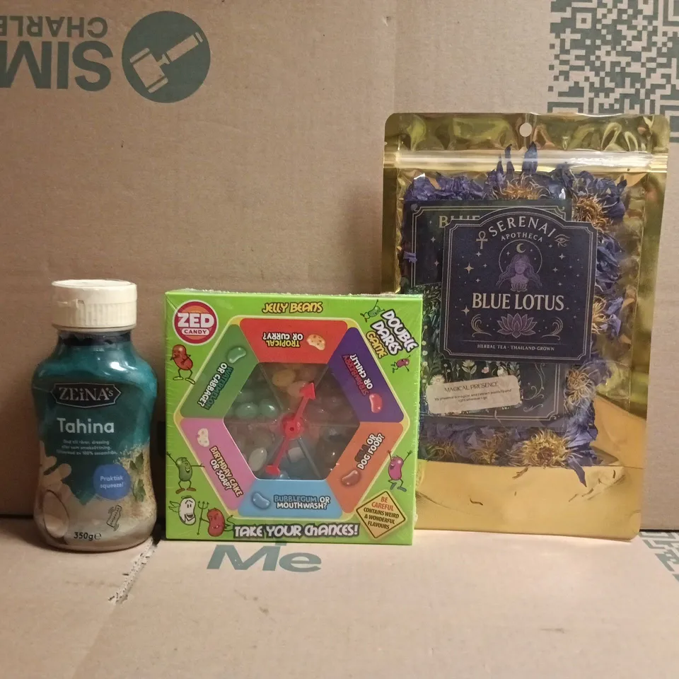 APPROXIMATELY 5 ASSORTED FOOD AND DRINK ITEMS TO INCLUDE BLUE LOTUS, JELLY BEANS, ETC