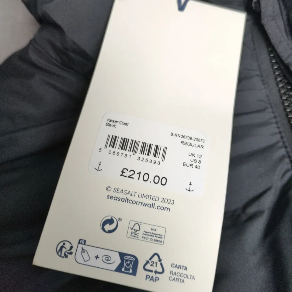 SEASALT KESER COAT BLACK – HOODED PUFFER COAT, UK 12 