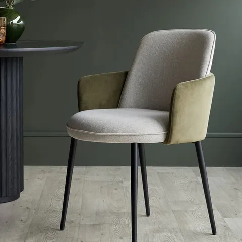 BOXED PAIR OF DANETTI WREN NATURAL FABRIC AND OLIVE GREEN VELVET DINING CHAIRS
