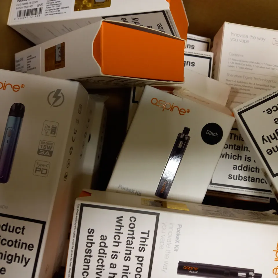 APPROXIMATELY 20 ASSORTED BOXED ASPIRE VAPING PRODUCTS TO INCLUDE FLEXUS Q KIT, POCKEX KIT ETC.