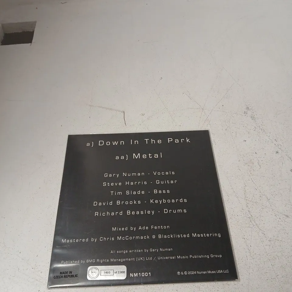 GARY NUMAN - DOWN IN THE PARK / METAL – NM1001 VINYL 7-INCH SINGLE (MADE IN CZECH REPUBLIC)