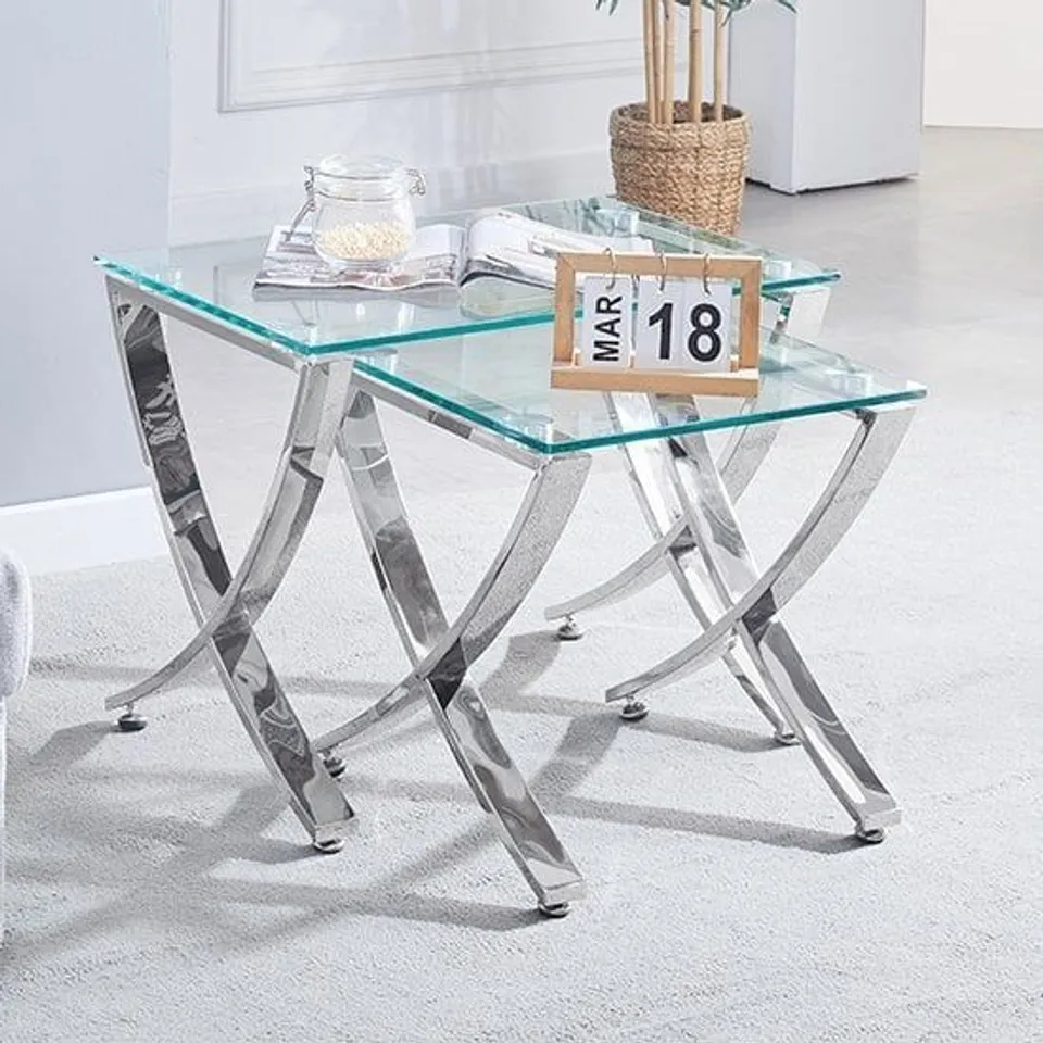 BOXED VIENNA CLEAR GLASS NEST OF TABLES WITH ANGUKAR CHROME LEGS (2 BOXES)