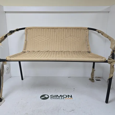 GARDEN BENCH – WOVEN WICKER SEAT AND BACK, BLACK METAL FRAME