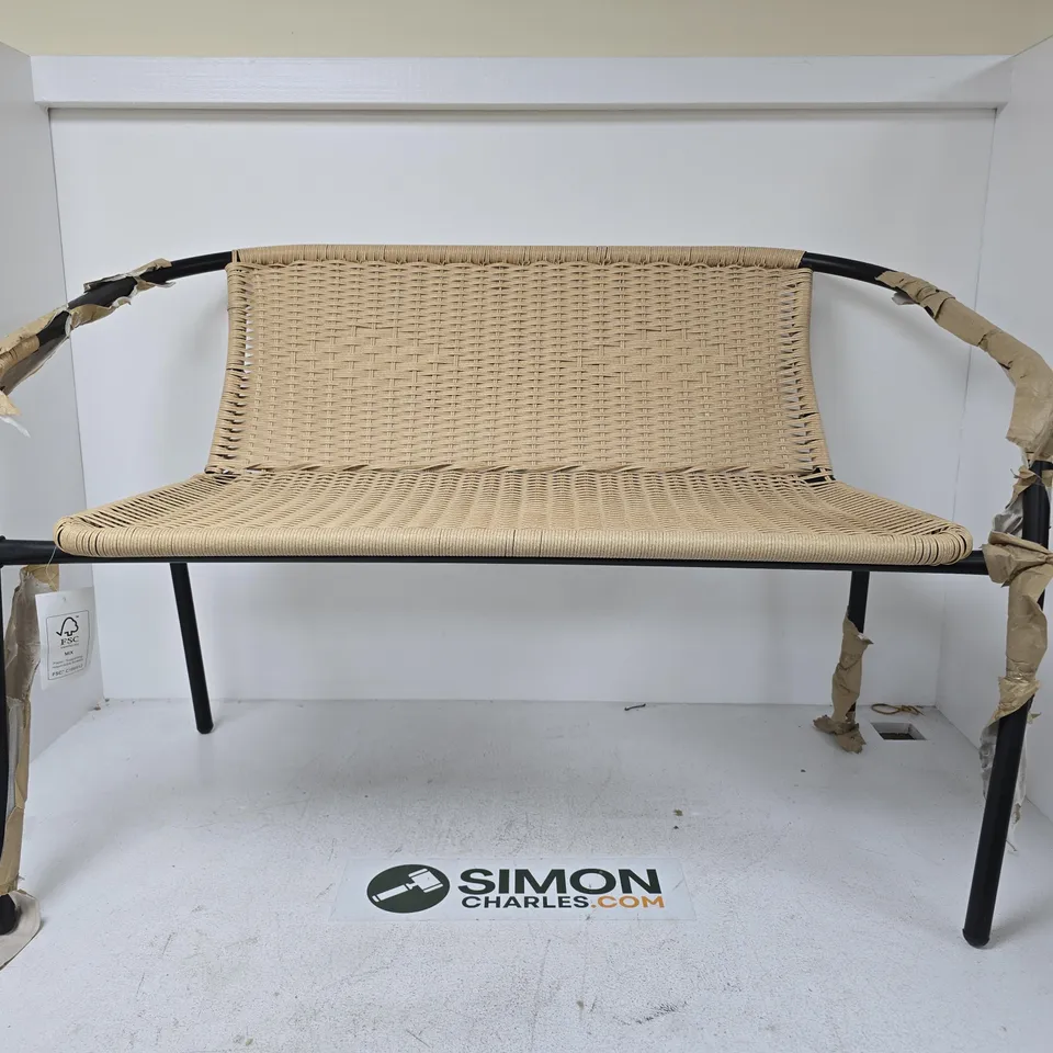 GARDEN BENCH – WOVEN WICKER SEAT AND BACK, BLACK METAL FRAME