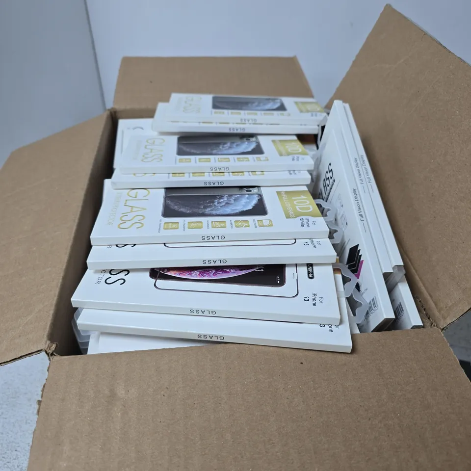 BOX OF APPROXIMATELY 80 ASSORTED UNIPHA GLASS SCREEN PROTECTOR FOR IPHONE 13 PRO MAX , IPHONE 13 AND IPHONE 12