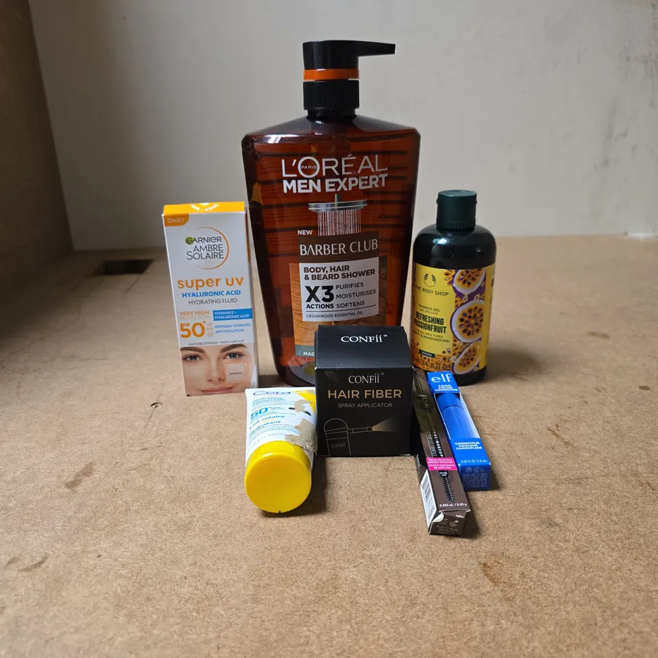 TOTE OF APPROXIMATELY 20 ASSORTED COSMETIC ITEMS TO INCLUDE LOREAL MEN EXPERT BARBER CLUB, GARNIER AMBRE SOLAIRE SPF50+, CERA VE, NYX, E.L.F ETC