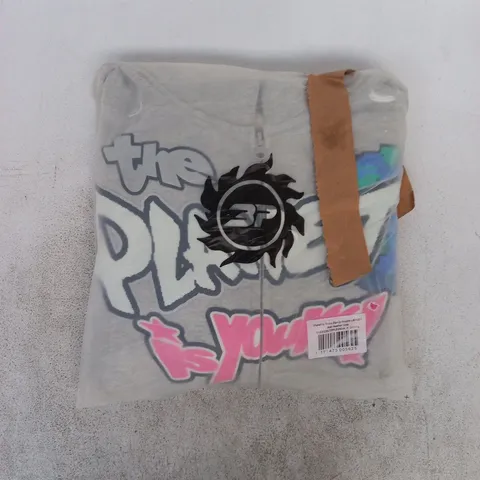 BAGGED BROKEN PLANET - PLANET IS YOURS ZIP-UP HOODIE IN GREY SIZE LARGE