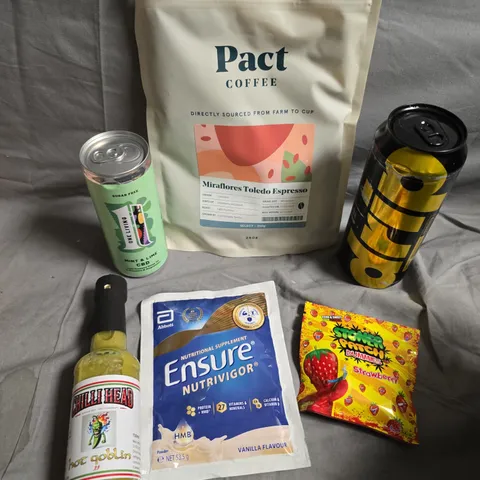 APPROXIMATELY 10 ASSORTED FOOD/DRINK PRODUCTS TO INCLUDE DRIP DRINK, PACT COFFEE, CHILLI HEAD SAUCE ETC 