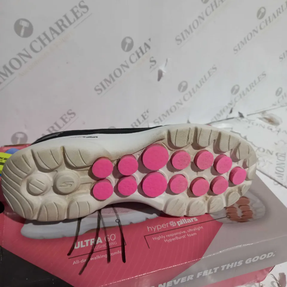 PAIR OF BOXED SKECHERS GO WALK 6, BLACK & FUSCHIA, UK SIZE 6