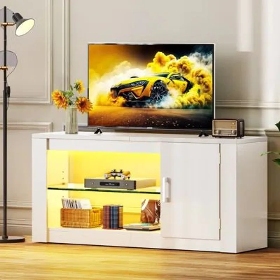 BOXED LED TV UNIT, TV CONSOLE WITH GLASS SHELVES