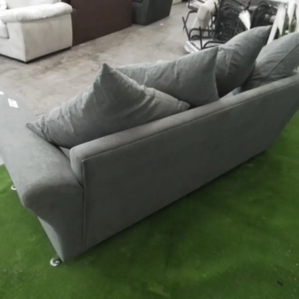 DESIGNER GREY FABRIC THREE SEATER SOFA WITH SCATTER BACK CUSHIONS 