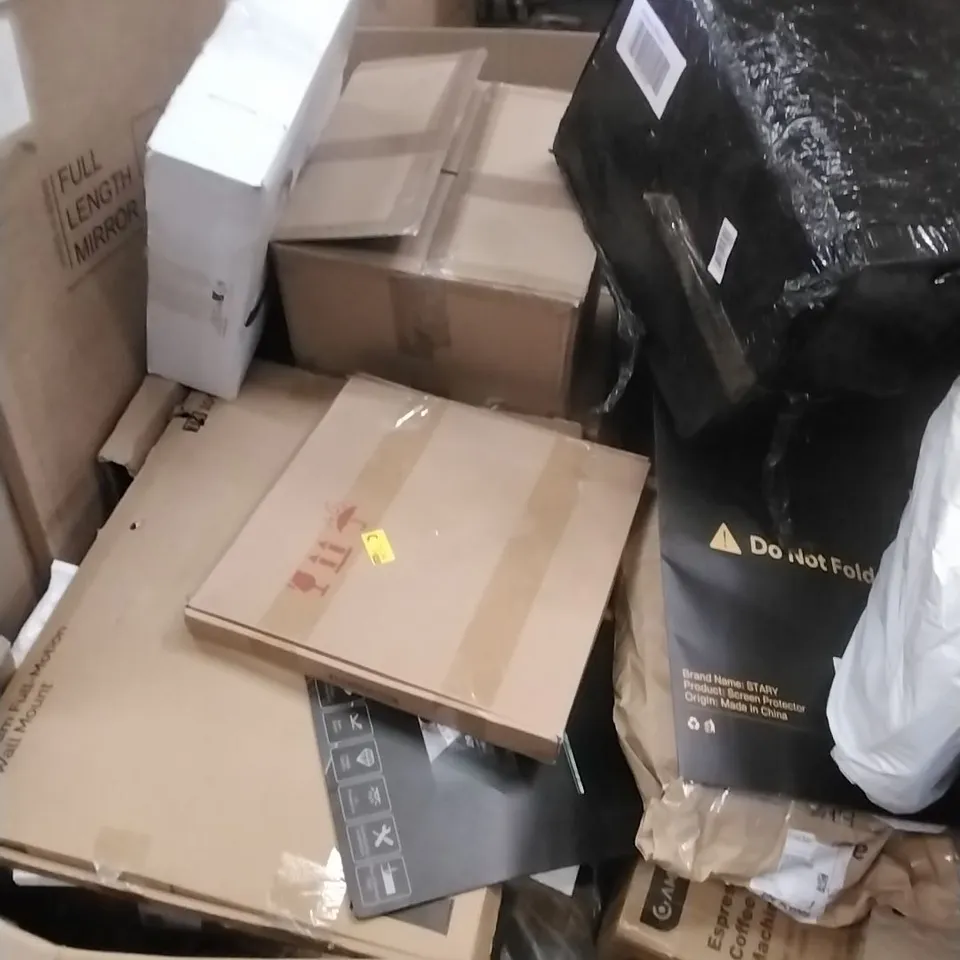 PALLET OF ASSORTED HOUSEHOLD GOODS AND PRODUCTS TO INCLUDE; WALL MIRRORS, CLOCK, ESPRESSO COFFEE MACHINE, BOXED FURNITURE ETC