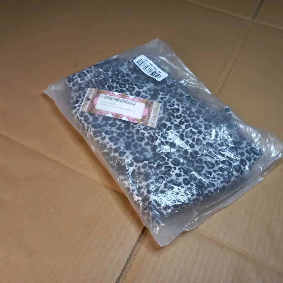 PACKAGED BOOHOO GREY LEOPARD PRINT SLIP DRESS - SIZE 16