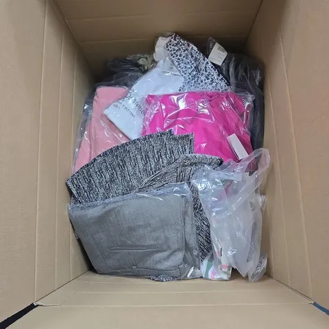 BOX OF APPROXIMATELY 30 ASSORTED CLOTHING ITEMS IN VARIOUS STYLES , COLOURS AND SIZES