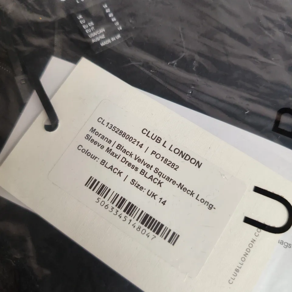 CLUB L LONDON MORANA BLACK VELVET SQUARE-NECK LONG-SLEEVE MAXI DRESS, UK 14