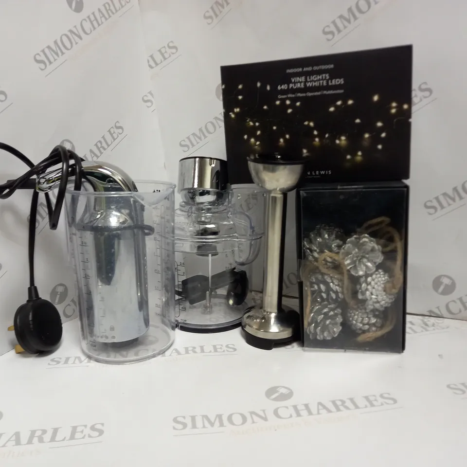 APPROXIMATELY 10 ASSORTED PRODUCTS TO INCLUDE DUALIT HAND BLENDER, JOHN LEWIS VINE LIGHTS, JOHN LEWIS POLAR PLANET SILVER PINECONES 