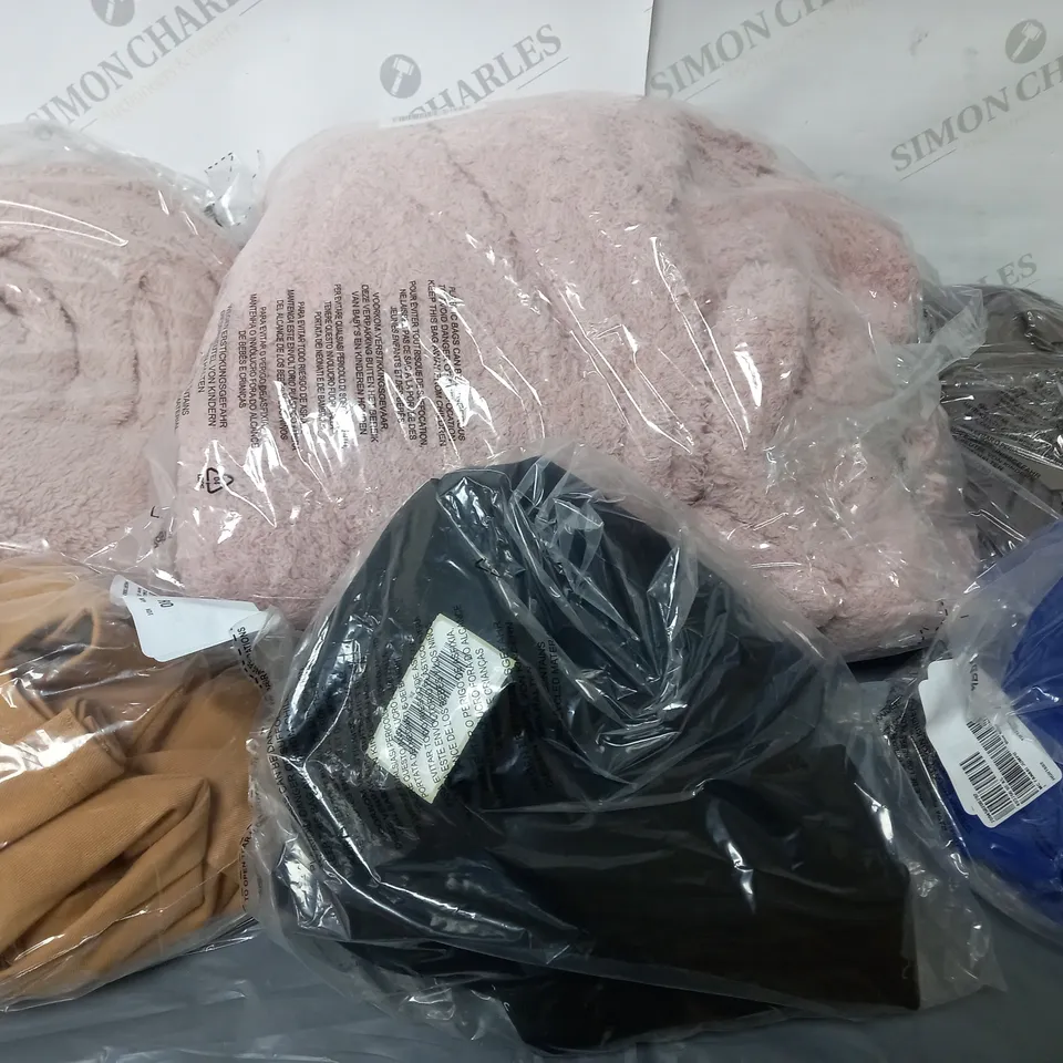 BOX OF ASSORTED CLOTHING ITEMS TOO INCLUDE BAGS , TOPS, AND TROUSERS   ETC. 