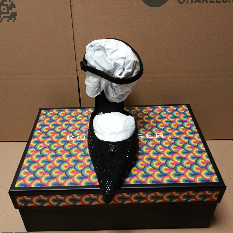 BOXED PAIR OF KURT GEIGER EAGLE POINT ANKLE STRAP HEELS IN BLACK - SIZE 39