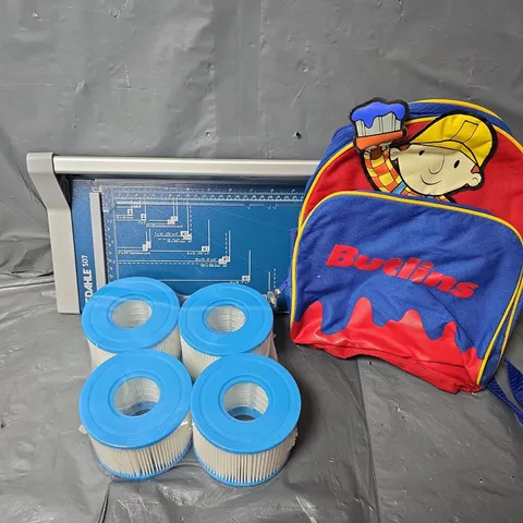 BOX OF APPROXIMATELY 15 ASSORTED ITEMS TO INCLUDE - BUTLINS KIDS BACKPACK , OFFICE PAPER CUTTER , AIR FILTER ETC