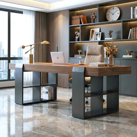 BOXED 71" MODERN WALNUT EXECUTIVE DESK WITH INTEGRATED STORAGE SHELVES