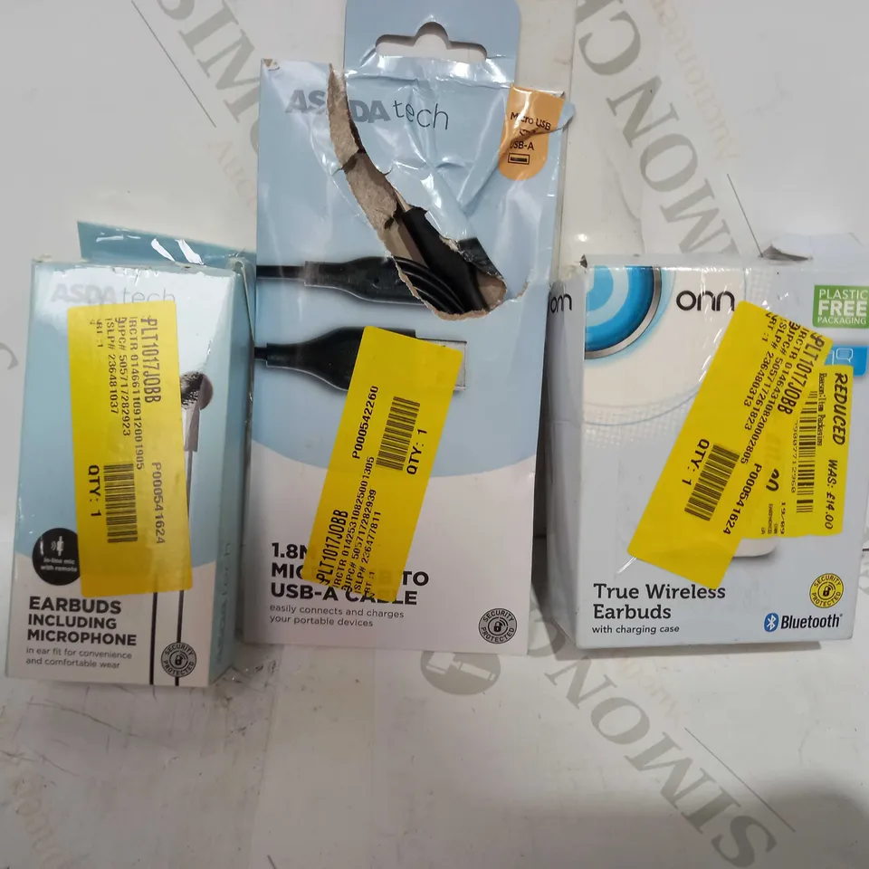 LOT OF APPROXIMATELY 10 ASSORTED HOUSEHOLD ITEMS TO INCLUDE ASDA TECH EARBUDS INCLUDING MICROPHONE, ASDA TECH MICRO USB TO USB-A CABLE, ONN TRUE WIRELESS EARBUDS, ETC
