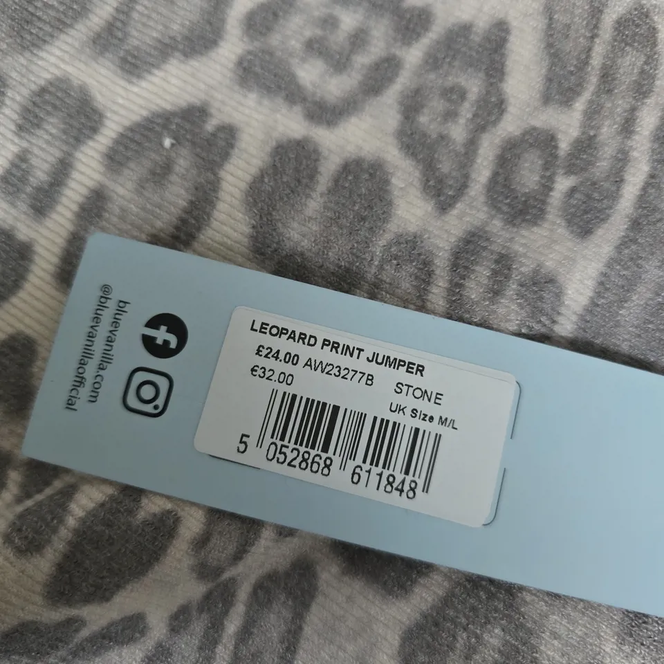 UK SIZE M/L LEOPARD PRINT JUMPER BY BLUE VANILLA – STONE