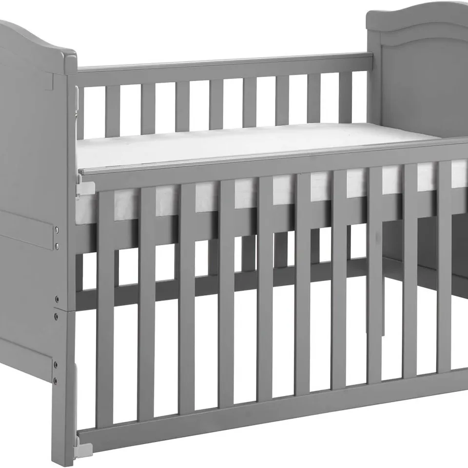 BOXED SOLID WOOD CHILDREN'S BED WITH FOAM MATTRESS - TRANSFORMS INTO A JUNIOR BED - SINGLE-HANDED FALLING MECHANISM - 3 ADJUSTABLE POSITIONS, GRAY (1 BOX)