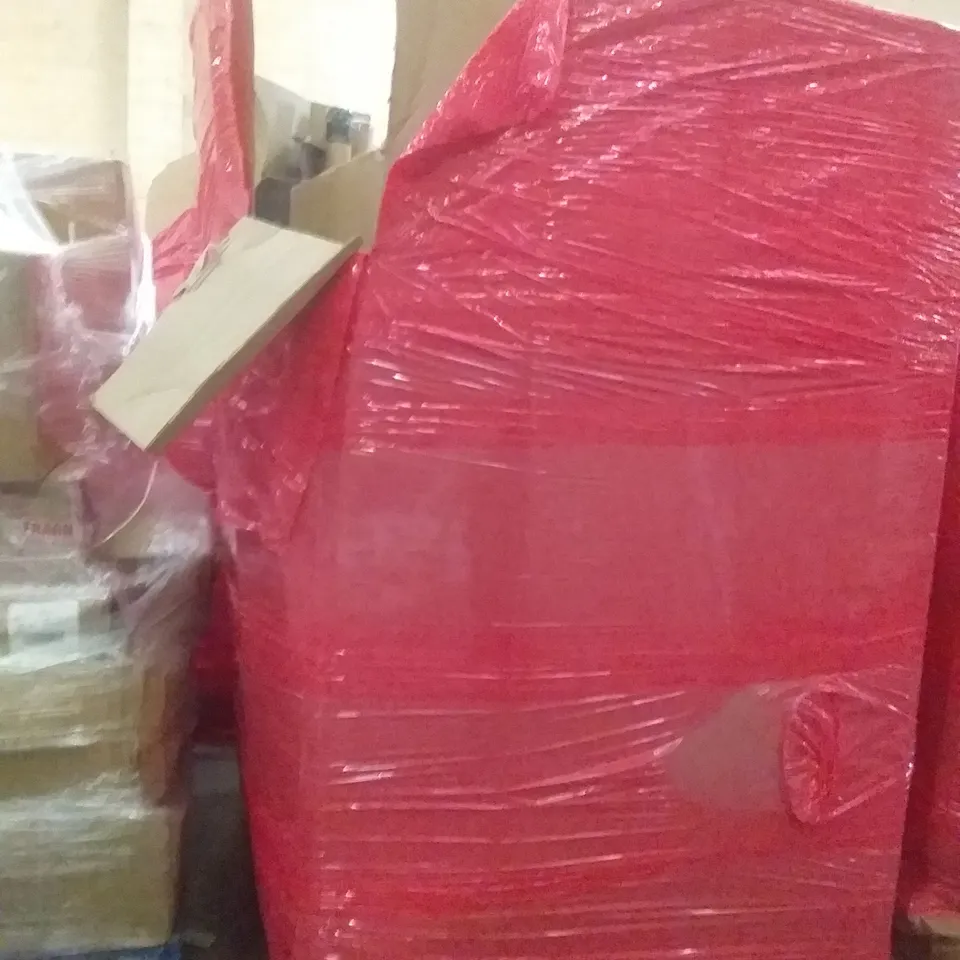 PALLET OF ASSORTED ITEMS INCLUDING MINI FRIDGE , AIR COOLER , WISPA CADBURY EASTER EGGS , PVC BACKDROP,  THERMOSTATIC ROUND SHOWER KIT 