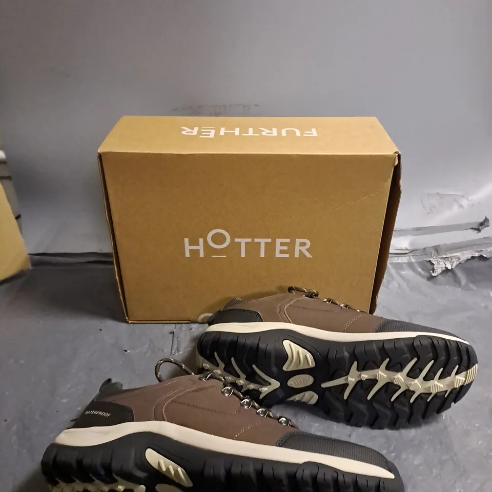 BOXED PAIR OF HOTTER MISSION WP TRAINERS - BROWN UK 10 