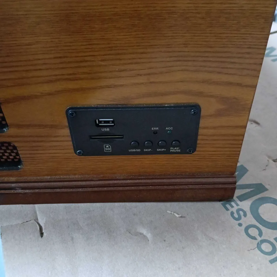 RETRO WOODEN CONSOLE STEREO WITH TURNTABLE, CD PLAYER & USB/SD INPUT (MODEL 14103-2T) UNBOXED