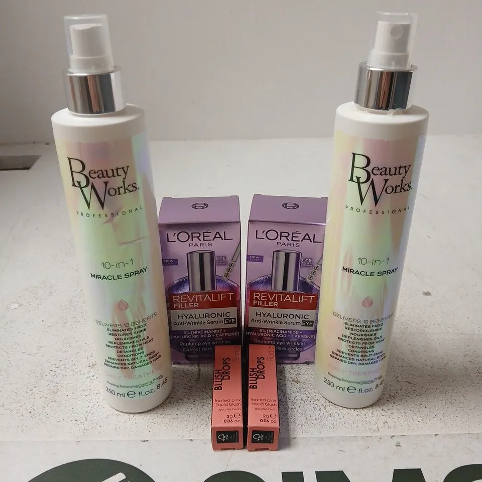 6 ASSORTED PRODUCTS TO INCLUDE 2 X BEAUTY WORKS MIRACLE SPRAY, 2 X L'OREAL ANTI WRINKLE EYE SERUM, 2 X RODIAL BLUSH DROPS