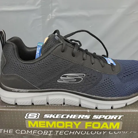 BOXED PAIR OF SKECHERS TRACK RIPKENT TRAINERS IN NAVY/BLACK - UK 13