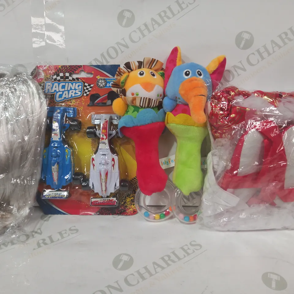BOX OF APPROXIMATELY 20 ASSORTED TOYS AND GAMES TO INCLUDE RACING CARS, BABY RATTLE, SILVER COLOUR WIG, ETC