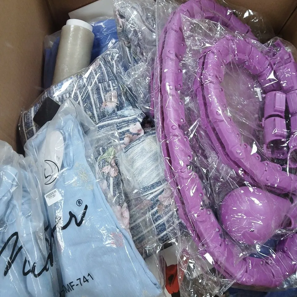 LARGE BOX OF ASSORTED ITEM TO INCLUDE CLOTHING , POWERSTATION ETC...