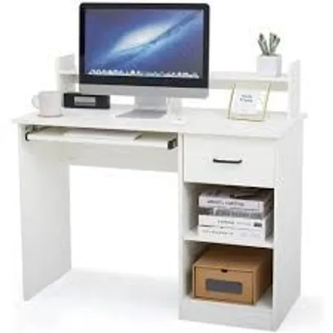 BOXED MEERVEIL DESK, COMPUTER DESK WITH MONITOR STAND AND KEYBOARD TRAY, 104 CM X 48 CM X 96 CM, WOODEN TABLE WITH ADJUSTABLE SHELF AND DRAWERS, WHITE