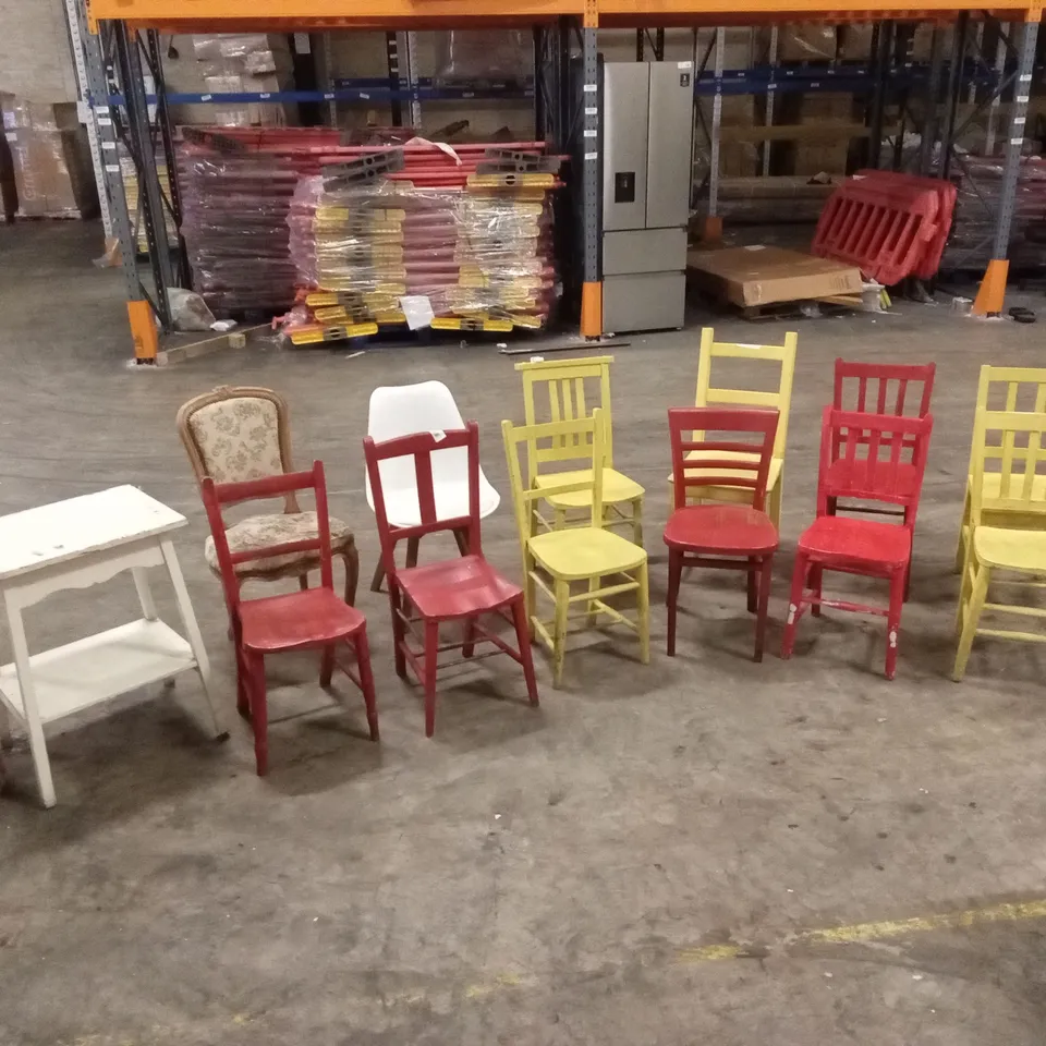 LARGE ASSORTMENT OF RESTERAUNT DINING CHAIRS AND ONE SIDE TABLE