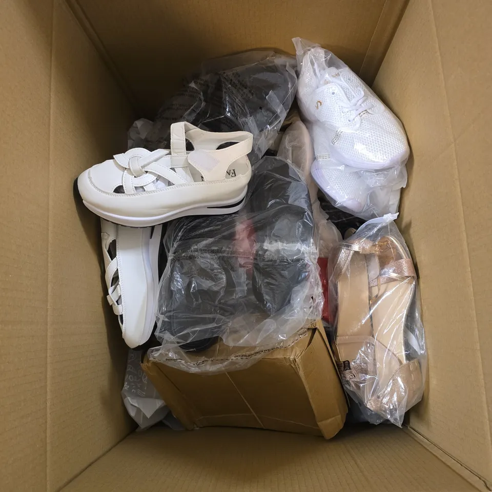 BOX OF APPROXIMATLEY 18 FOOTWEAR ITEMS OF VARIOUS SIZES AND STYLES TO INCLUDE WOMENS SHOES, SLIDERS ETC