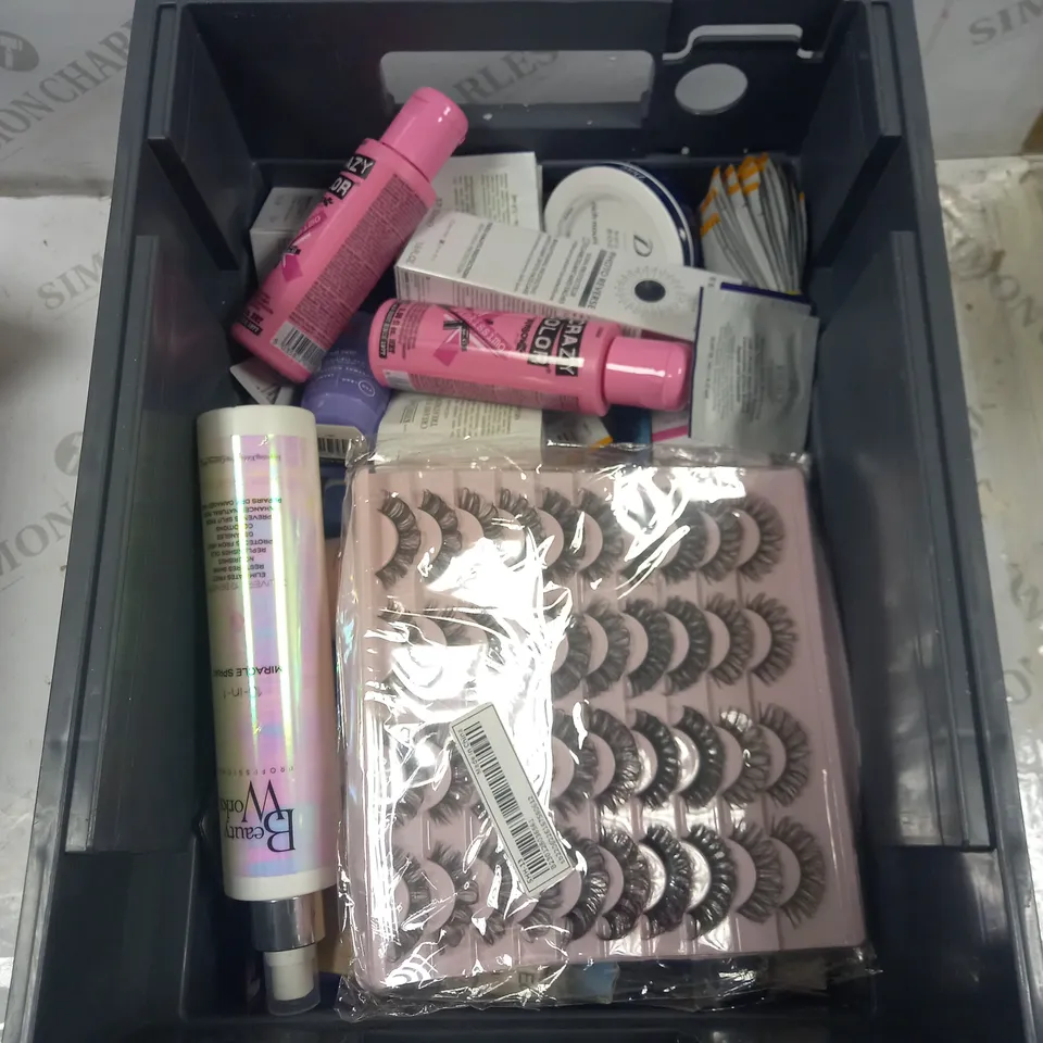 BOX TO CONTAIN A LARGE ASSORTMENT OF WOMEN'S HEALTH AND BEAUTY PRODUCTS. SERUMS, MOISTURISERS, EYELASHES ETC 