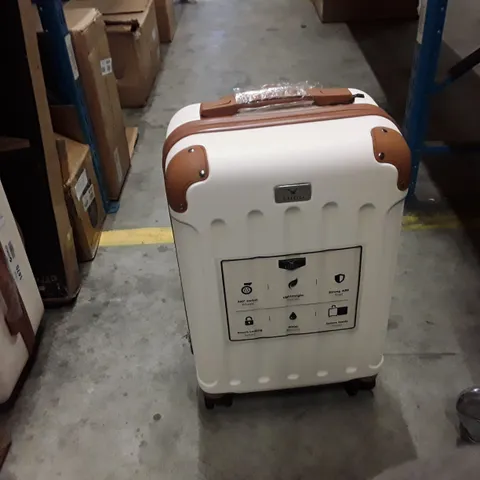 BOXED KEPLIN LUGG SMALL SIZE TRAVEL LUGGAGE WITH WHEELS SECURE LOCK SYSTEM WHITE AND BROWN COLOUR 