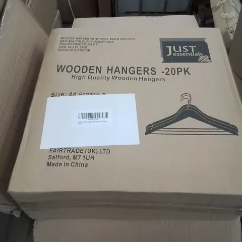 BOX CONTAINING APPROXIMATELY 60 BRAND NEW JUST ESSENTIALS WOODEN HANGERS