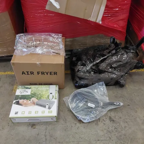 PALLET OF ASSORTED ITEMS INCLUDING: AIR FRYER, ELECTRIC BLANKET, CHAIR, FRYING PAN, COAT HANGER