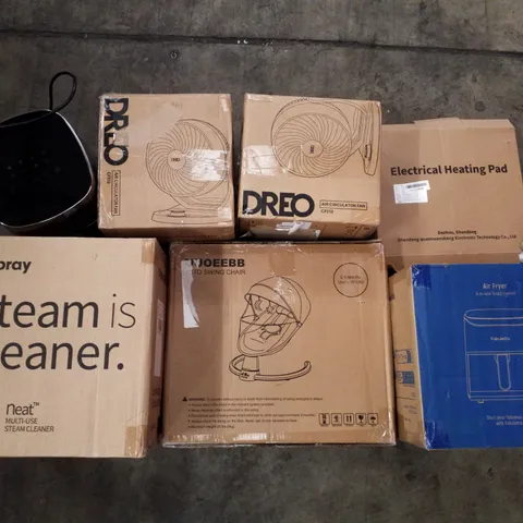 PALLET OF ASSORTED PRODUCTS INCLUDING DUPRAY MULTI-USE STEAM CLEANER, AIR FRYERS, AIR CIRCULATION FANS, ELECTRICAL HEATING PADS