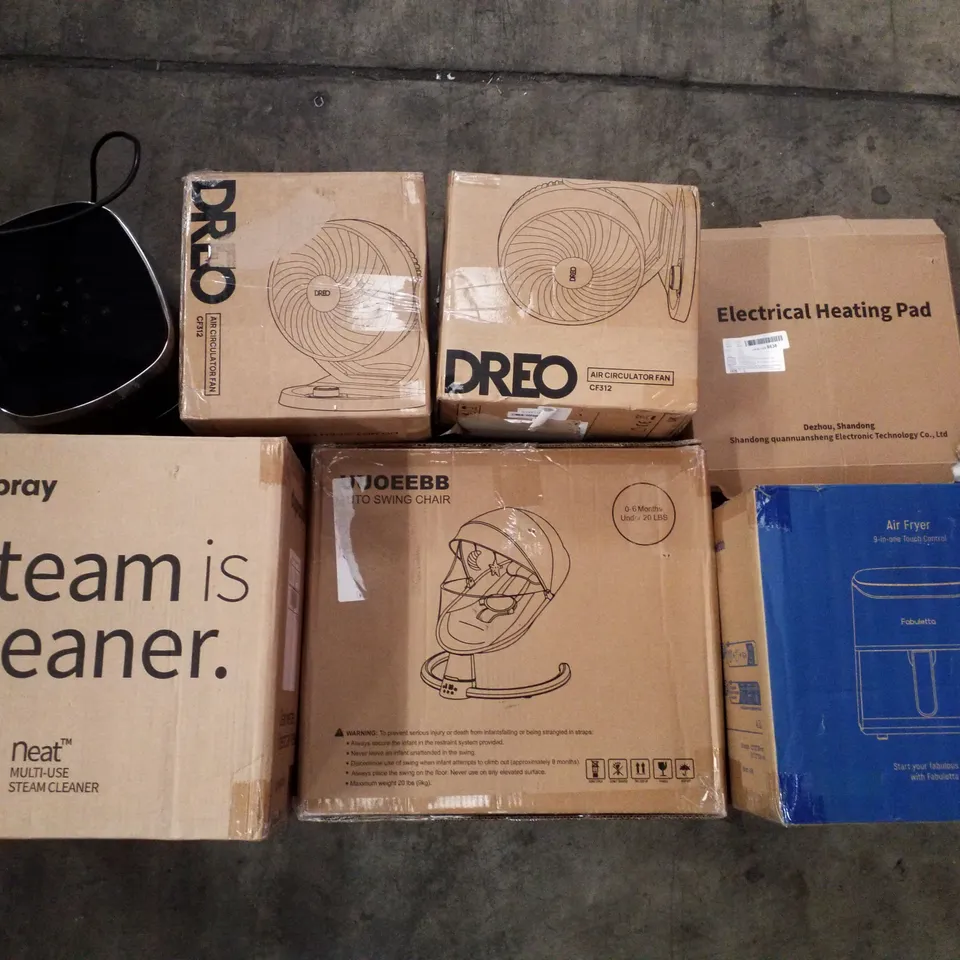 PALLET OF ASSORTED PRODUCTS INCLUDING DUPRAY MULTI-USE STEAM CLEANER, AIR FRYERS, AIR CIRCULATION FANS, ELECTRICAL HEATING PADS