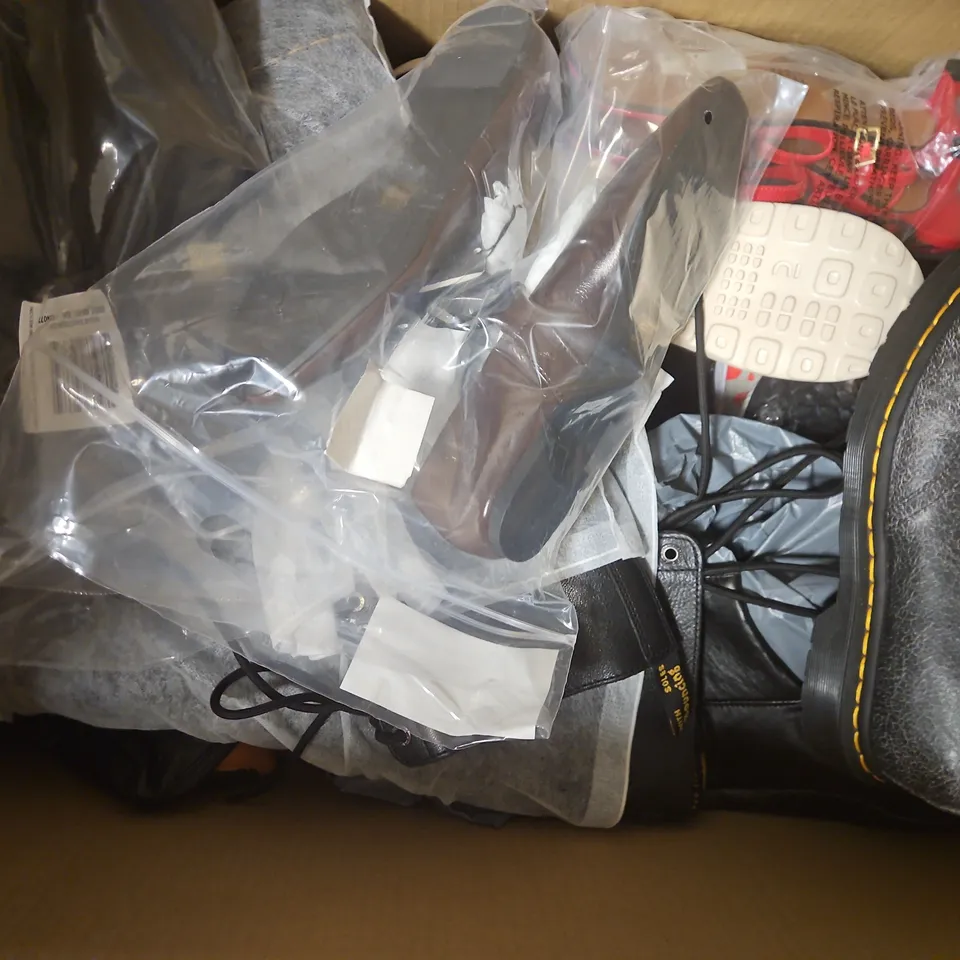 BOX OF APPROXIMATELY 10 ASSORTED PAIRS OF SHOES AND FOOTWEAR ITEMS IN VARIOUS COLOURS, STYLES, AND SIZES - COLLECTION ONLY
