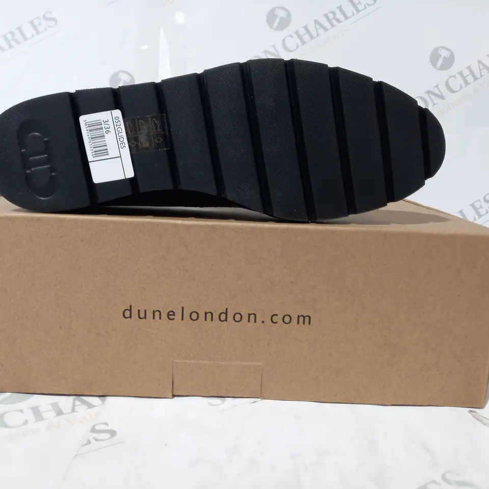 BOXED DUNE FLATFORM LOAFERS, BLACK CROCODILE - SIZE 3