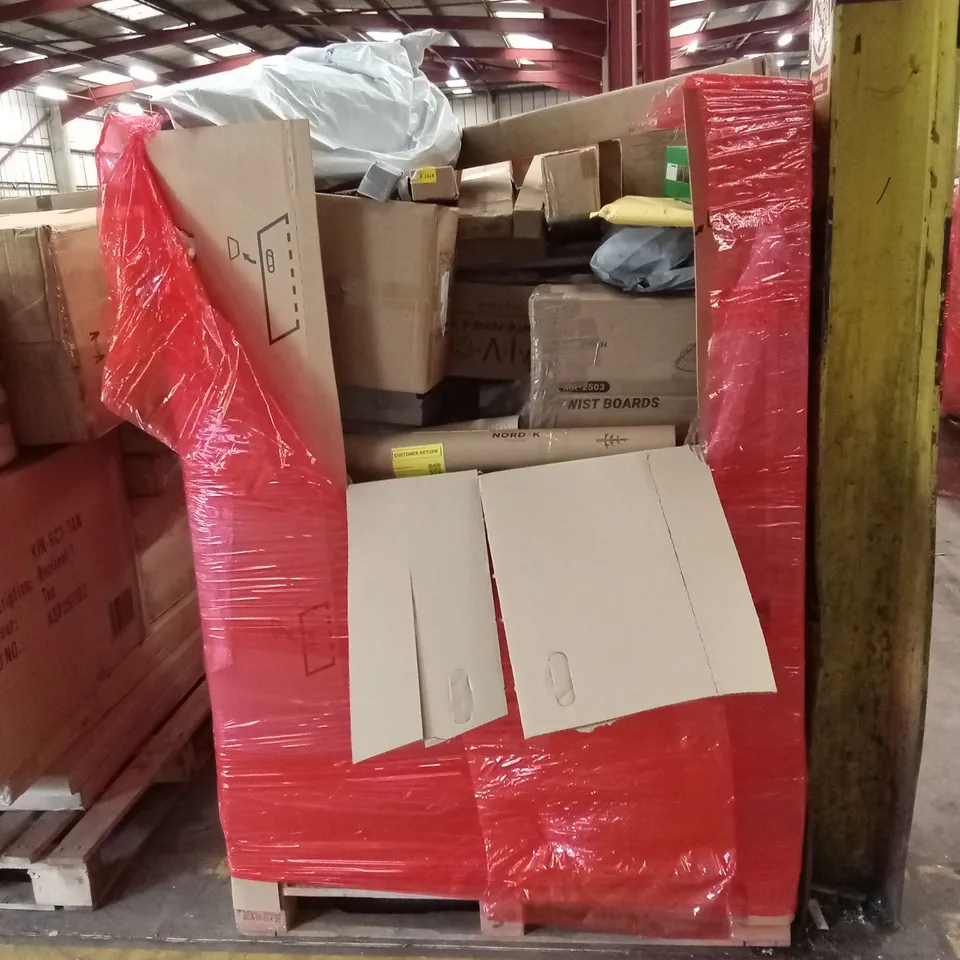 PALLET OF ASSORTED HOUSEHOLD GOODS AND PRODUCTS TO INCLUDE; TWIST BOARD, LIGHT FIXTURES, BOXED FURNITURE ETC