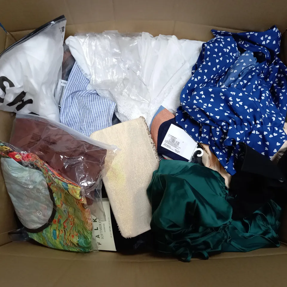 LARGE BOX OF ASSORTED CLOTHING ITEMS IN VARIOUS COLOURS AND SIZES INCLUDING TROUSERS , TOPS AND JUMPERS 