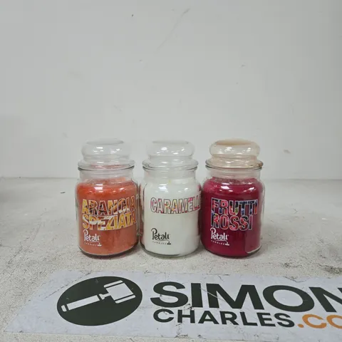 PETALI CANDLES – SET OF 3 SCENTED GLASS JAR CANDLES (ARANCIA SPEZIATA, CARAMEL, FRUTTI ROSSI)