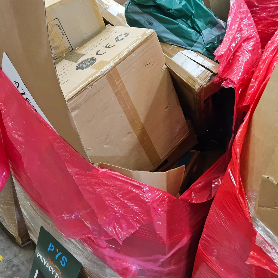 PALLET OF ASSORTED ITEMS TO INCLUDE, CEILING FAN, BED TENT, ELECTRBLANKET, PRIVACY FILTERS, AIR FRYER.